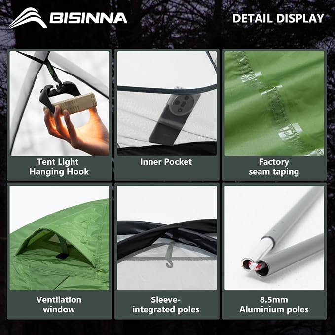 BISINNA Backpacking Tent 2 Person Lightweight Camping Tent Waterproof 3 Season with Aluminum Pole for Outdoor Mountaineering Hiking Travel
