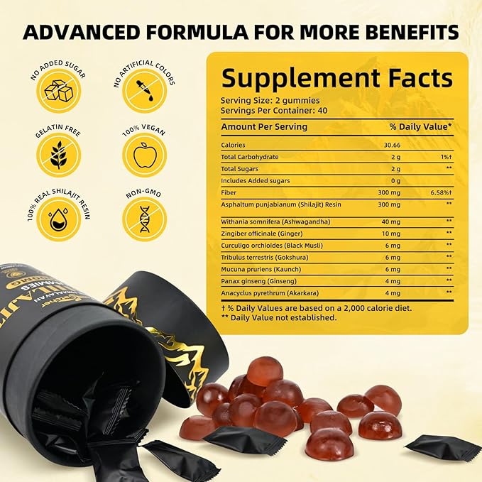 Shilajit Gummies for Men Women: Pure Himalayan Organic Shilajit with Ashwagandha 85+ Trace Minerals & Fulvic Acid Individually Wrapped for Energy Brain Immunity Support No Sugar 40 Servings