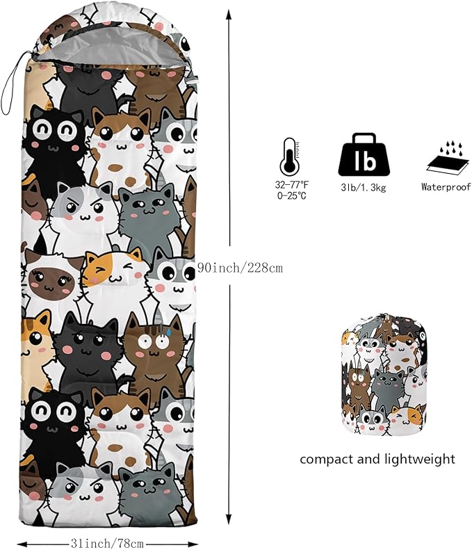 AILONEN Kids Floral Cat Camping Sleeping Bags,Lightweight & Waterproof,3 Season Warm & Cool Weather,Kawaii Kitten Sleeping Bags for Girls Adults,Travelling,Outdoors