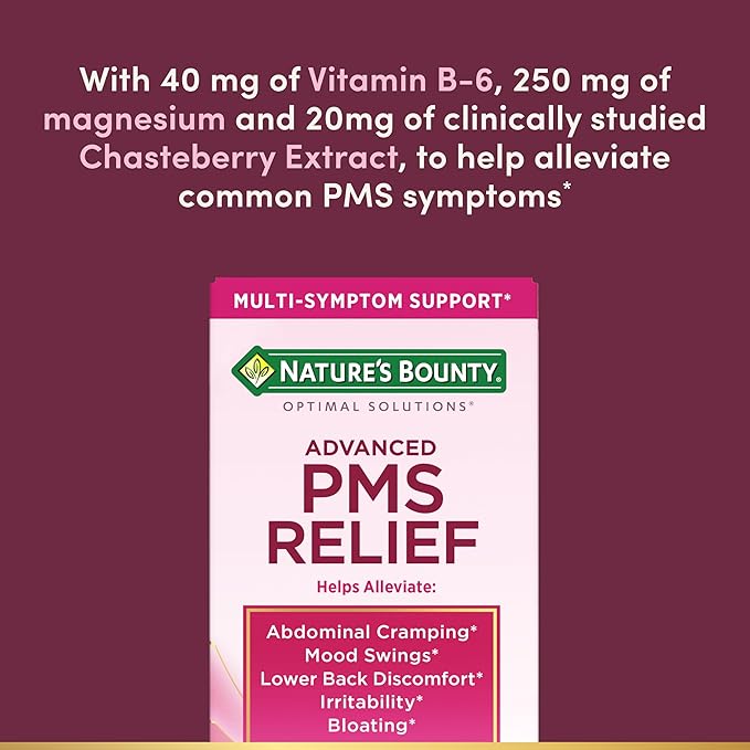 Nature's Bounty Optimal Solutions Advanced PMS Relief for Menstrual Cycle Support; Period Relief; PMS Support Supplement for Women – Chasteberry; Hormone-Free; 60 Capsules