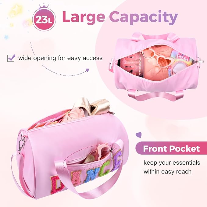 Dance Bag for Girls, KUIRAN 23L Waterproof Travel Duffel Bag with Colorful Chenille Letter, Lightweight Small Gym Sport Ballet Bag Weekender Bag with Large Main Compartment - Pink