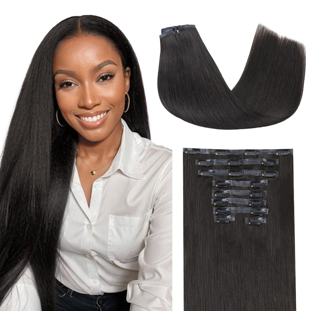 Lashey Seamless Clip In Hair Extensions Human Hair 9Pcs 130G Yaki Straight Clip In Hair Extensions 14 Inch Natural Black Hair Ex