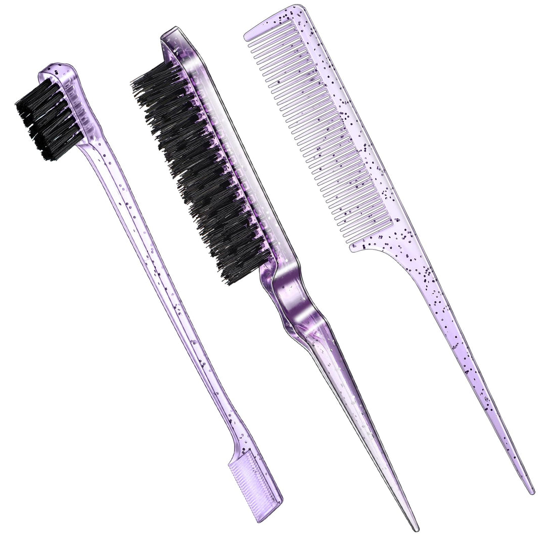 Geiserailie 3 Pcs Slick Back Hair Brush Set Bristle Brush Edge Control Teasing Comb for Women Black Hair(Clear Purple)