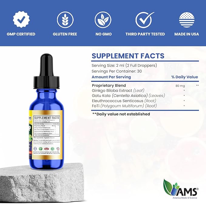 America Medic and Science Memo Up (60 mL) | Liquid Herbal Supplement for Children, Teens, and Adults | Brain Vitamin Drops with Ginkgo Biloba Leaf Extract | Boosts Memory, Focus, and Blood Flow