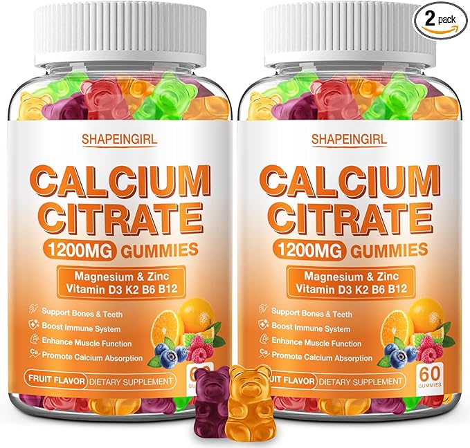 1200mg Calcium Citrate with Vitamin D3, K2, B6 & B12, Calcium Supplements for Women & Men, Plus Magnesium Zinc for Bones, Muscle & Immune Support, High Absorption Fruit Flavor 120 Calcium Gummies