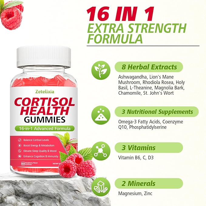 2 Pack 16-in-1 Cortisol Gummies for Women, Sugar Free Cortisol Gummies Supplement with Ashwagandha, Rhodiola Rosea, Magnesium, L-theanine for Relaxation, Sleep, Cognition, Raspberry Flavor, 120Ct