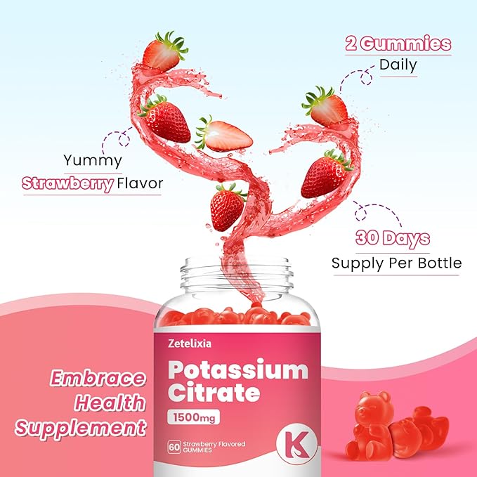 Potassium Gummies for Adults Women & Men, Potassium Citrate Supplement, Support Leg Cramps, Muscle Health & Electrolyte Balance, Sugar Free, Organic, Vegan, Strawberry, 60 Cts