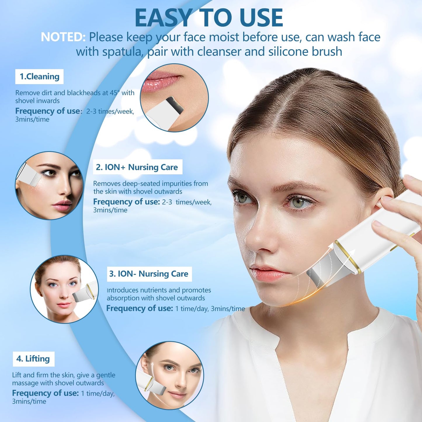 ACWOO Skin Scrubber, Ultrasonic Skin Spatula Blackhead Remover Pore Cleaner with 4 Modes, USB Rechargeabl Comedones Extractor, Skin Care Tools for Facial Deep Cleansing - 2 Silicone Covers Included