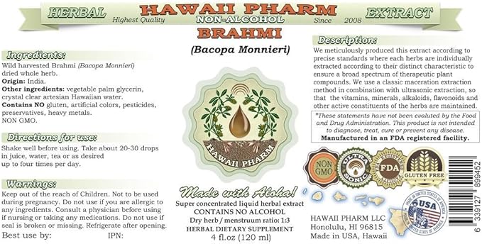 Brahmi Alcohol-Free Liquid Extract, Organic Brahmi Liquid (Bacopa Monnieri) Whole Dried Herb Glycerite Hawaii Pharm Natural Herbal Supplement 2 oz