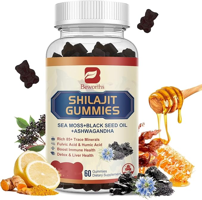 Shilajit Resin Gummies, Shilajit Irish Sea Moss Supplement with Ashwagandha, Black Seed Oil, Panax Ginseng, Honey, Shilajit Gummies with 85+ Trace Minerals & Fulvic Acid for Energy, Digestion Health