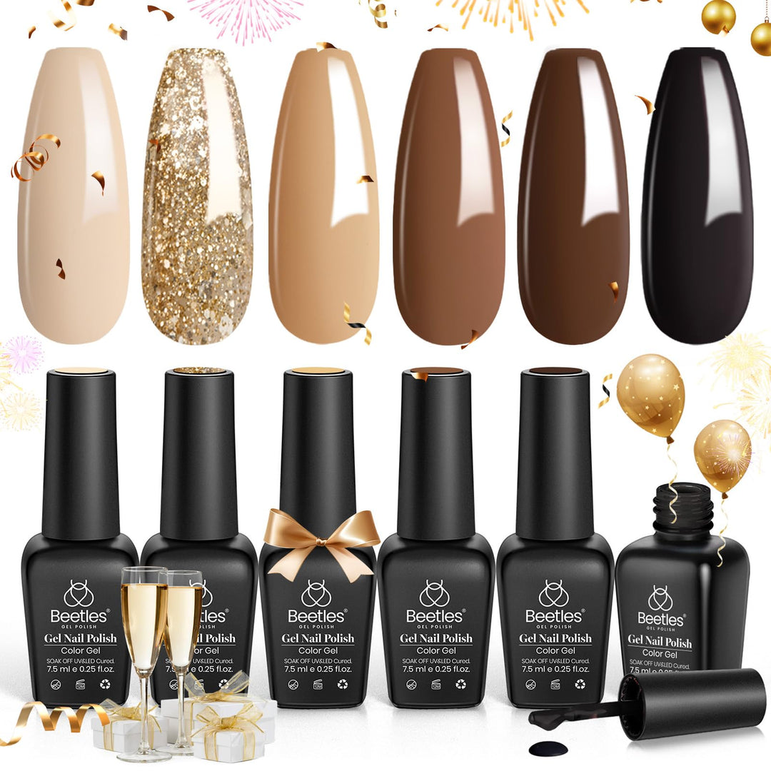 Beetles Gel Nail Polish Kit-6 Colors Glitter Gold Chocolate Brown Neutral Beige Khaki Gel Nail Polish Set Fall Gel Nail Polish R