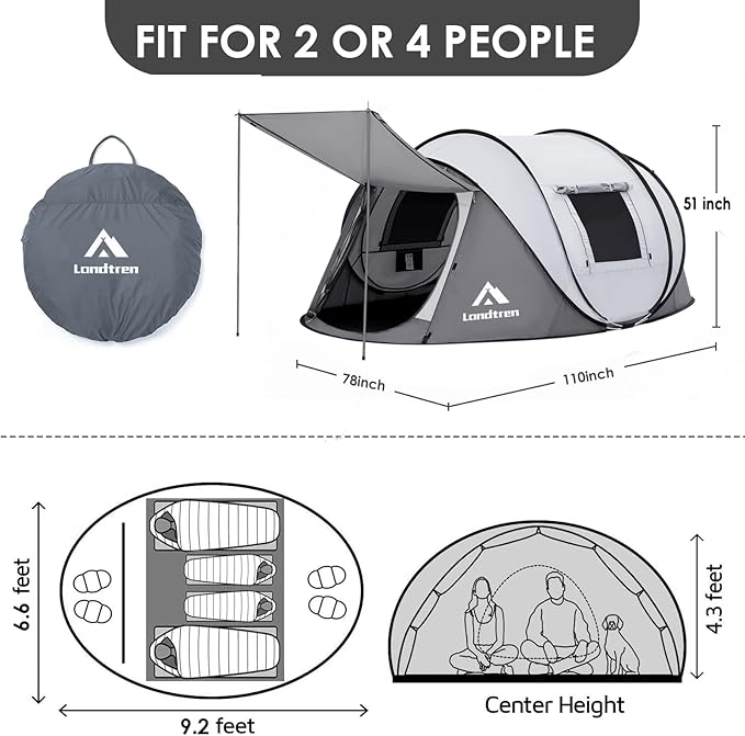 4 Person Easy Pop Up Tent Waterproof Automatic Setup 2 Doors-Instant Family Tents for Camping Hiking & Traveling