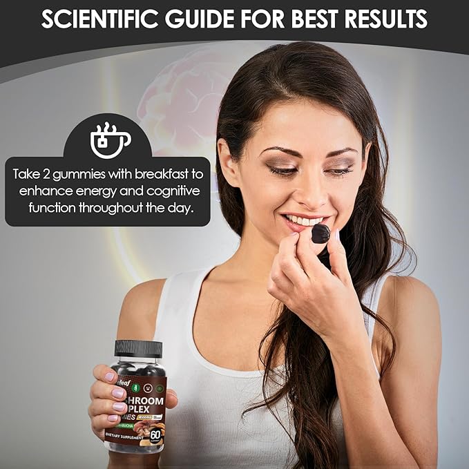 9 in 1 Mushroom Gummies with Lion's Mane for Focus Supplement and Energy Supplements to Support Immune System De-Stress Boost Mood & Energy 60 Count Kombucha Flavor