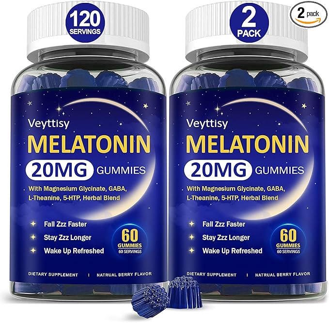 Melatonin 20mg Gummies for Adults - Max Strength Melatonin Gummy Supplement with Magnesium Glycinate, B6, B12, L-Theanine, GABA, 5-HTP & Herbs - Non-Habit Forming, Vegan, Natural Mixed Berry Flavor