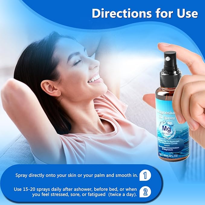 Magnesium Oil Spray, 100% Pure Natural Magnesium Oil Extra Strength, 60Ml Skin & Body Organic Magnesium Chloride Oil Spray, Liquid Magnesium Skin Spray for Feet