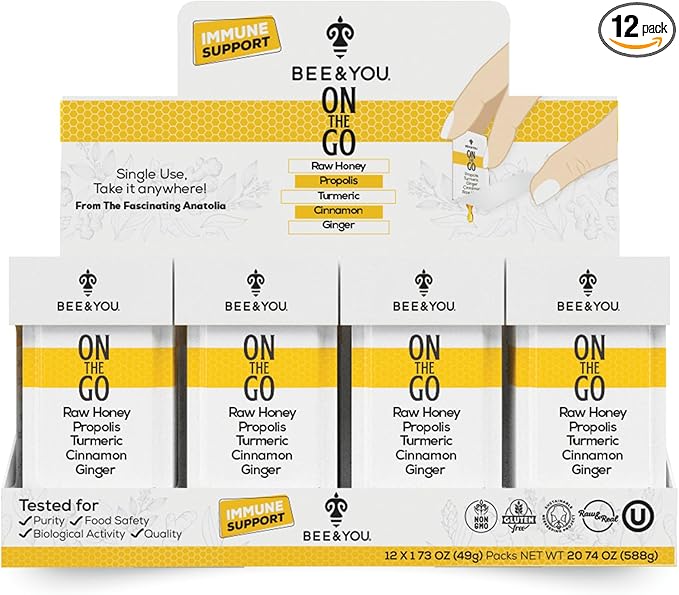 Bee and You On The Go, Immune Support Supplement, Raw Honey, Propolis, Turmeric, Cinnamon, Ginger, Superfrood, Great Tasting, for Kids and Adults, 12 Pack, 1.73 oz Each