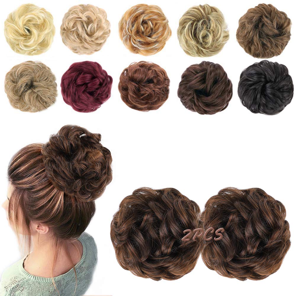 Morica 1Pcs Messy Hair Bun Hair Scrunchies Extension Curly Wavy Messy Synthetic Chignon For Women (Dark Brown & Light Auburn Mix