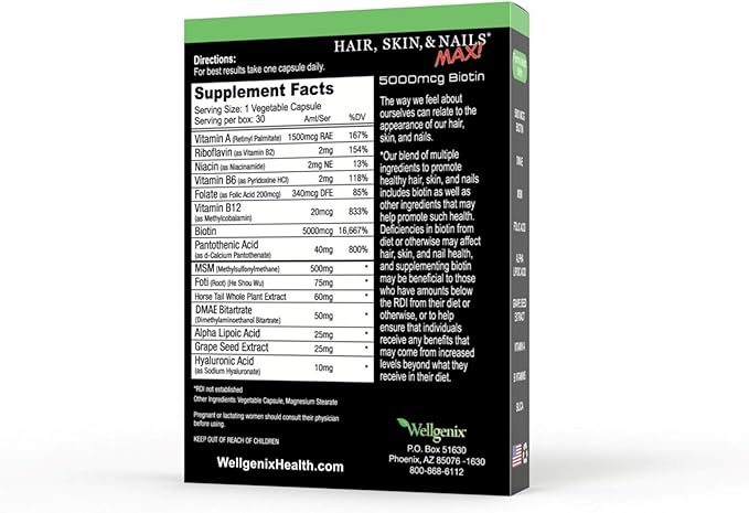 Purvana Max Hair, Skin, and Nails Vitamin - 5000mcg Biotin, Folic Acid, DMAE, Grape Seed Extract - One a Day Vegan Hair, Skin, Nails Support - Promotes Collagen Production - 30 Caps (Pack of 2)