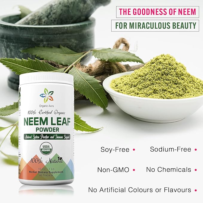 Organic Aura Neem Leaf Powder (Azadirachta Indica). 100% Pure Neem, Raw and Green. USDA Certified Organic Neem for Immune Support, Skin, and Hair. Naturall Source of Antioxidants and Detox.
