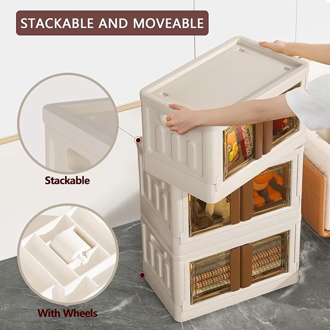 19Gal Collapsible Storage Bins with Lids & Wheels - 2 Pack Stackable with Doors, Heavy-Duty Plastic Cabinet for Home/Office, Milk White