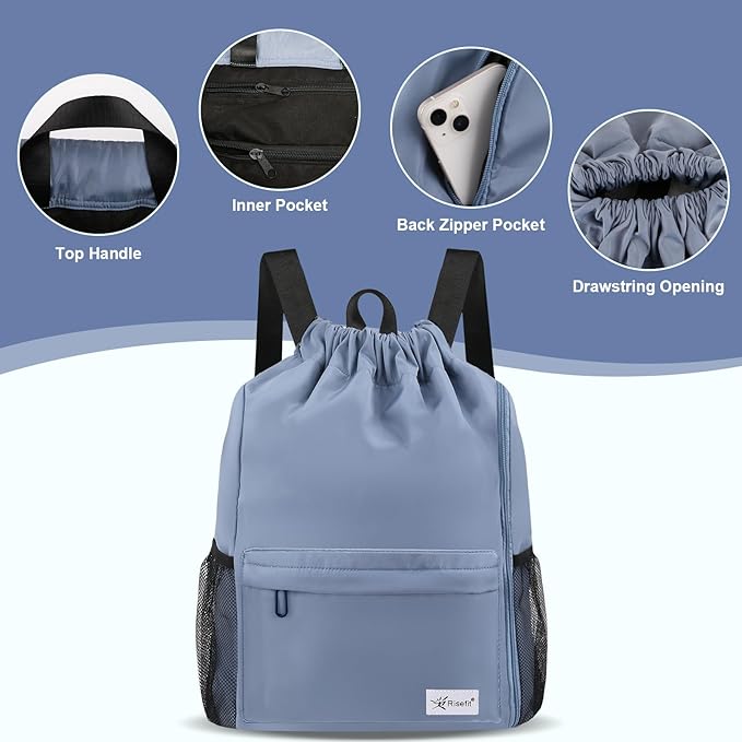 Drawstring Backpack with Mesh Pockets String Gym Bag Sackpack Sandproof Water Resistant Beach Backpack for Men Women