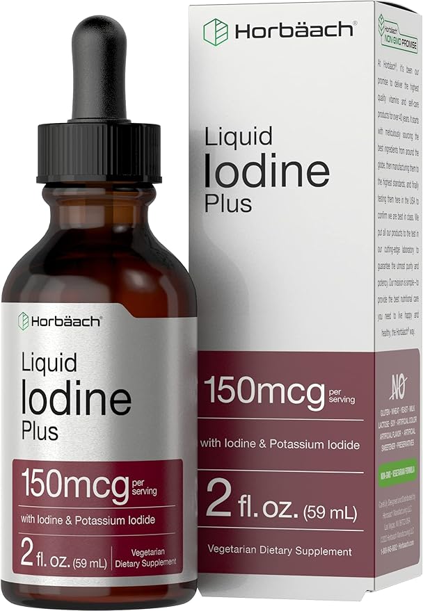 Horbäach Liquid Iodine Drops | 2 fl oz | 150 mcg | Iodine & Potassium Iodide Liquid Tincture | Vegetarian, Non-GMO, Gluten Free Supplement