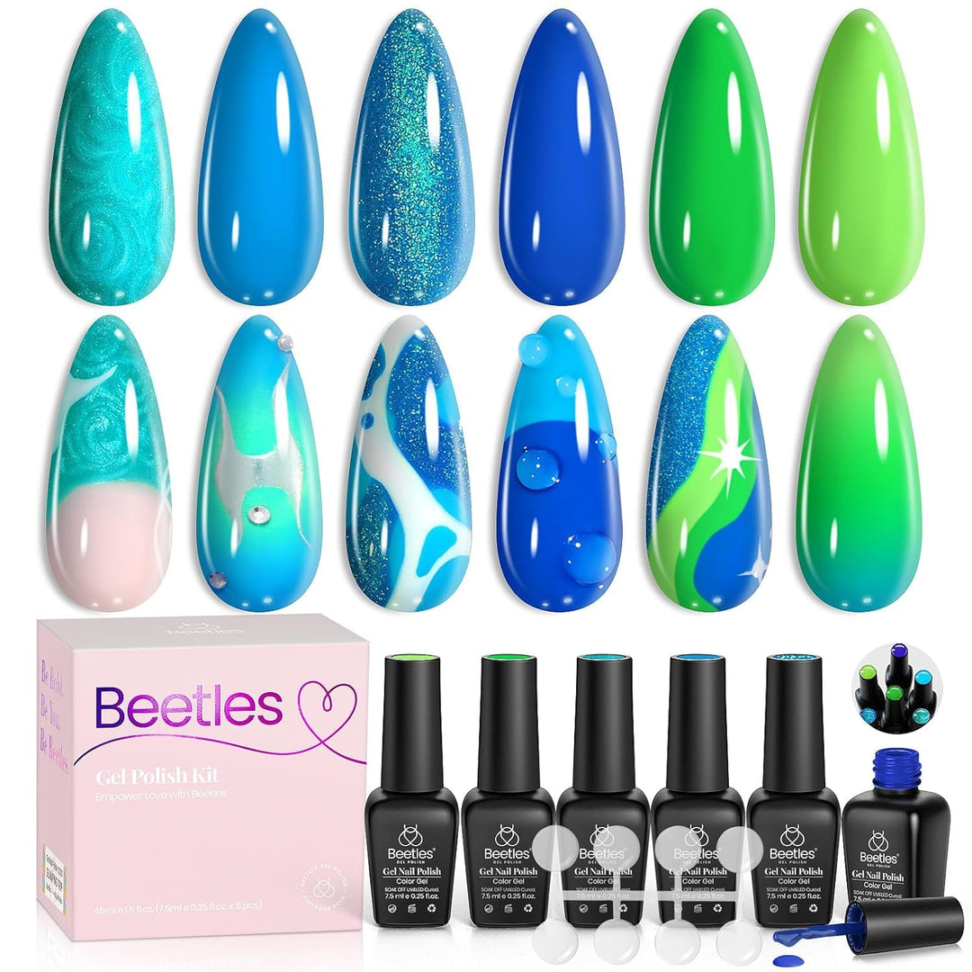 Beetles Summer Blue Gel Nail Polish, 6 Colors Shimmer Swirl Pacific Blue Glitter Blue Green Gel Polish Swirl Shell Thread Effect