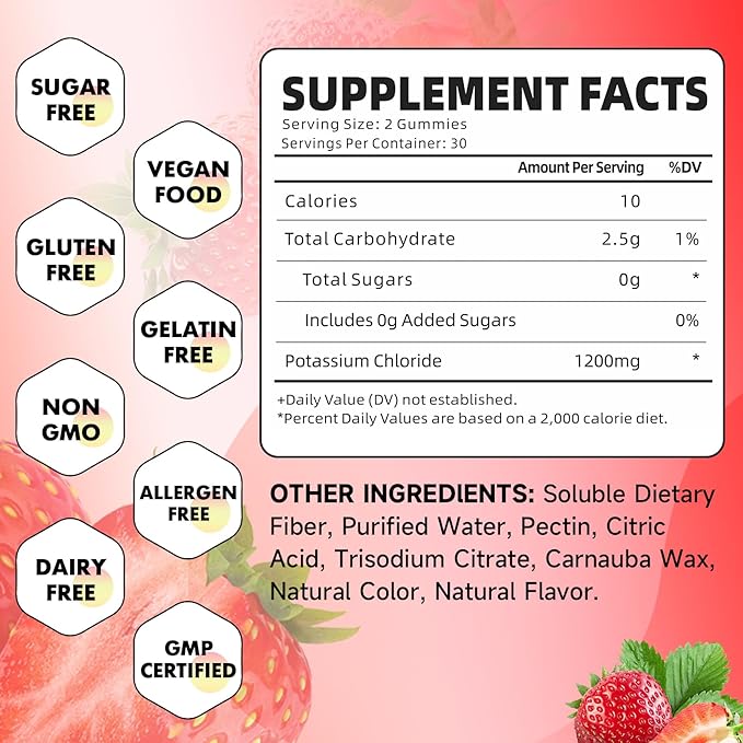 2 Pack Potassium Gummies for Adults, Potassium Chloride Gummies 1200mg Support Leg Cramps & Electrolyte Balance, Strawberry Flavor 120 Count