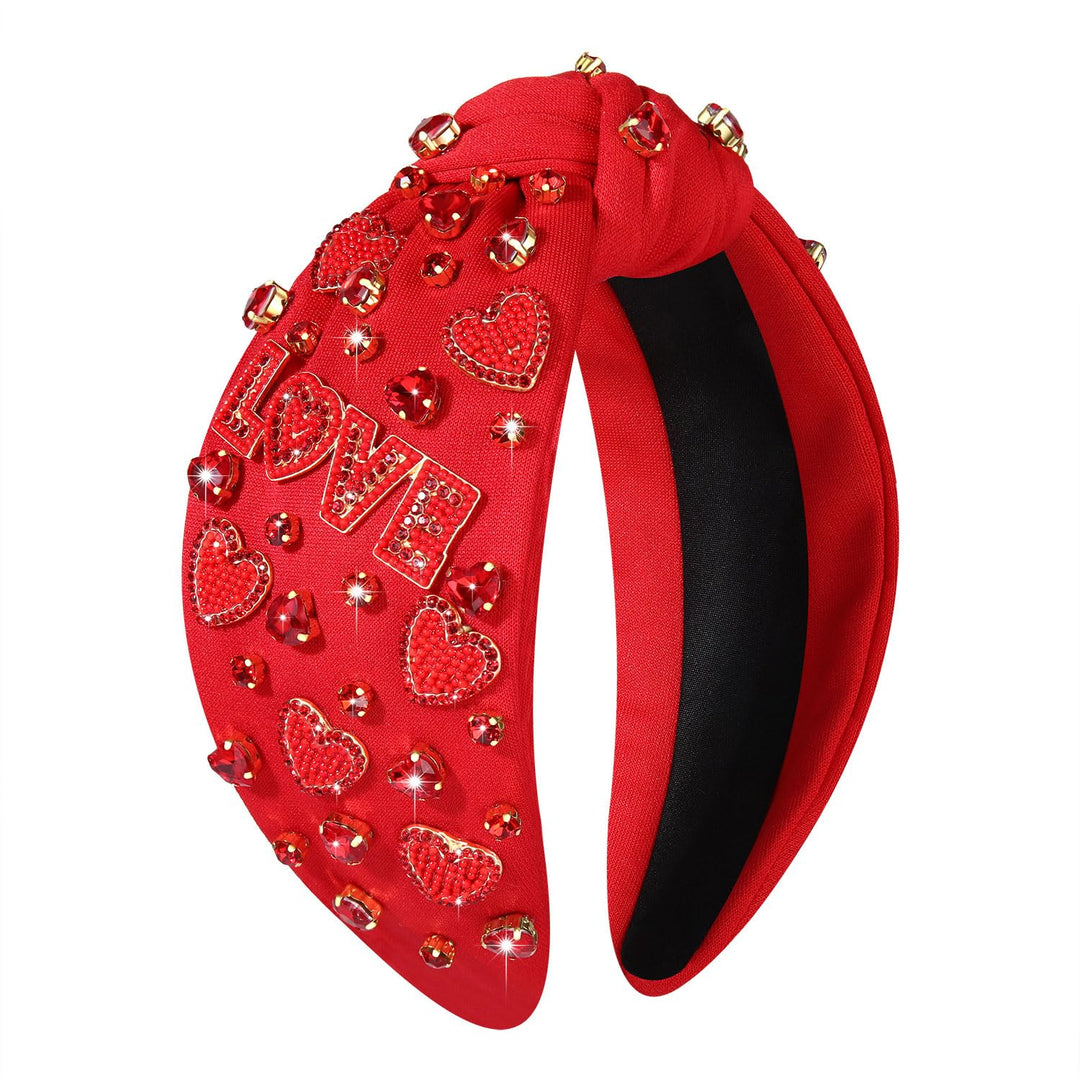 NVENF Valentine's Day Hairband, Red Heart Headband for Women, Jeweled Crystal Rhinestone Knotted Headband, Valentine's Day Hair Accessories Gifts (Red Heart 10)