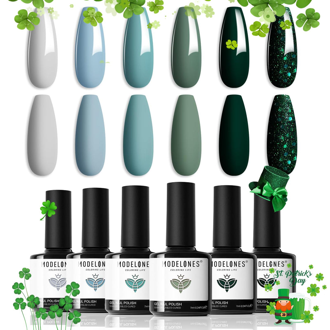 Modelones Gel Nail Polish Set - 6 Colors Misty Gray Dark Green Glitter Gel Polish Kit Sage Green Baby Blue Nail Gel Polish Soak