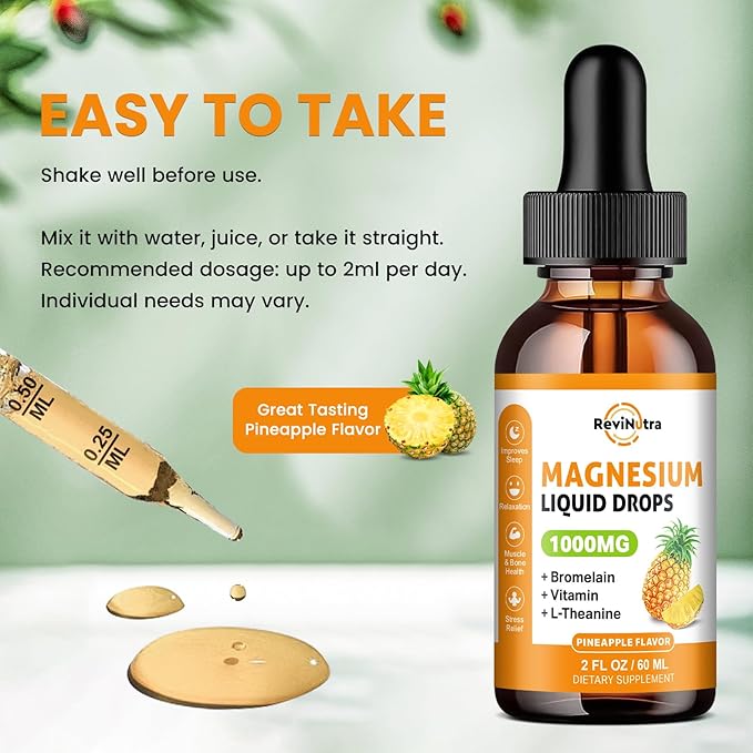 Magnesium Glycinate Liquid Drops, 1000mg of Magnesium Glycinate, Citrate & Threonate for Sleep, Nerve, Energy, Muscle, Bone, Calm & Digestion, High Absorption, 2 Fl Oz, Sugar-Free Pineapple Flavor