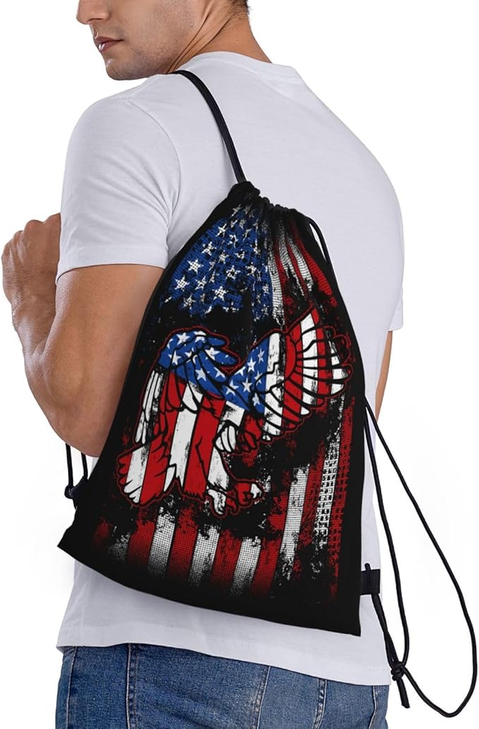 Eagle Outline Drawstring Backpack American Flag Gym Bag Patriotic Gift for Independence Day, Memorial Day, 4th of July Party Favor Goodies Storage