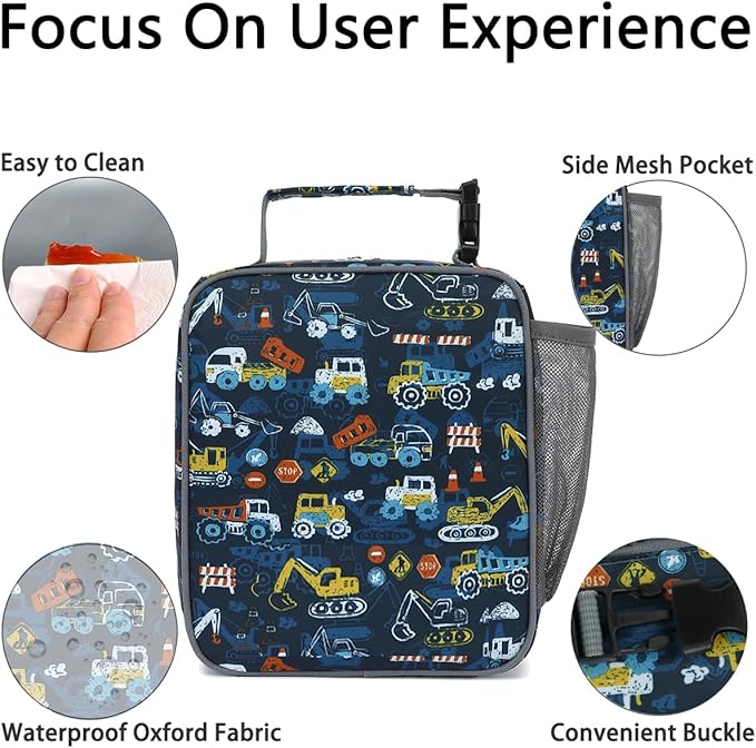 Lunch Box for Kids Boys Girls Men Women, Insulated Small Soft Cooler Lunch Bag Kit for School Work Picnic Travel - Reusable Portable lunchbox, Construction Truck