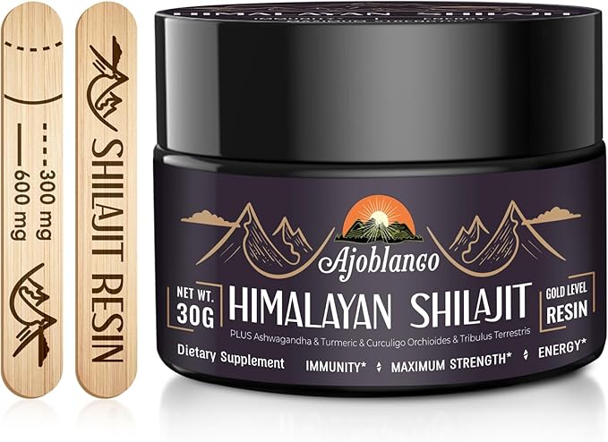 Ajoblanco 600mg Shilajit Pure Himalayan Organic Shilajit Resin - Himalayan Shilajit Resin with Organic Ayurvedic Blend in High Potency for Energy, Strength & Immunity, 30 Grams