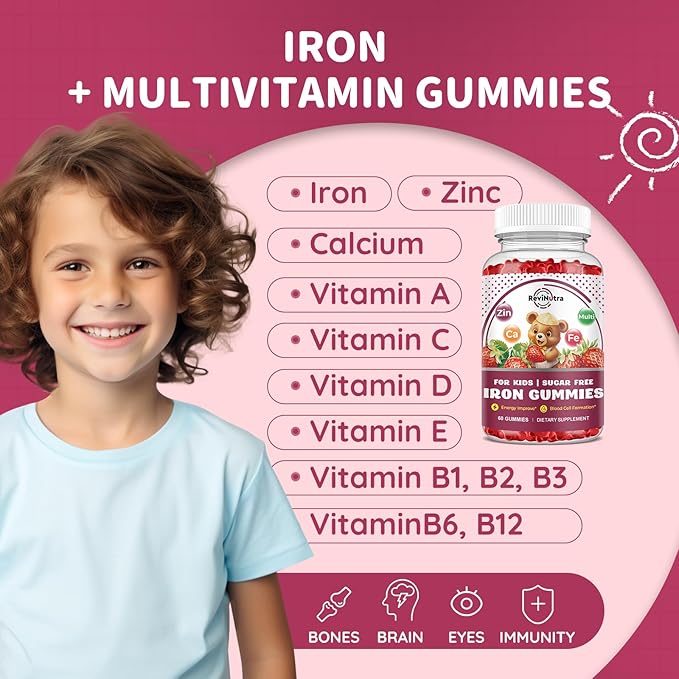 Iron Supplement Gummies for Kids - with Calcium, Zinc, Kids Multivitamin with Iron Gummies - Immune Support, Blood Builder & Energy Support for Iron Deficiency - 2 Pack Strawberry Flavour, 60 Gummies