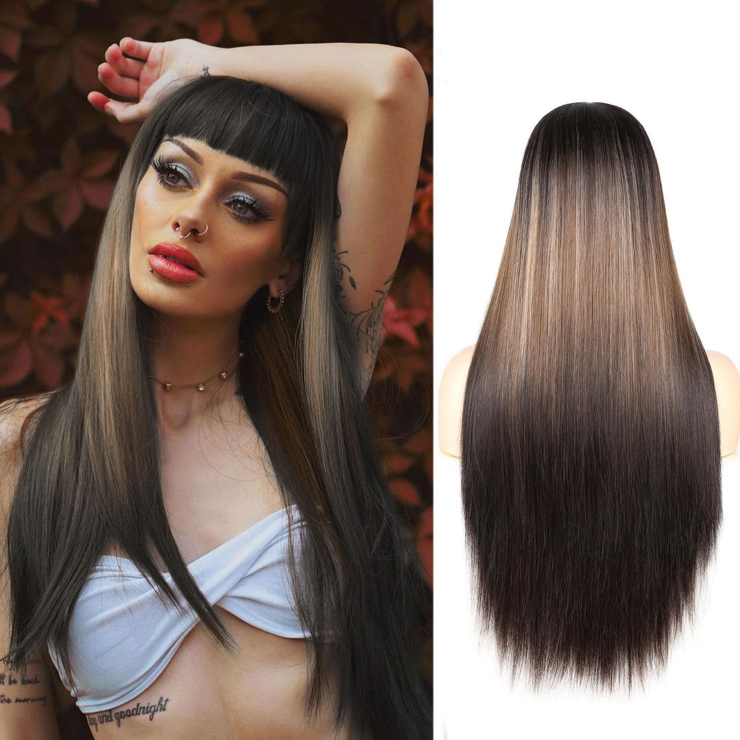 WIGER Straight Dark Brown Wigs with Bangs for Women Highlighted Ombre Long Straight Hair Wig Black-Blonde-Brown Long Wigs with Highlights Middle Part Synthetic Three-tone Hair For Party or Daily