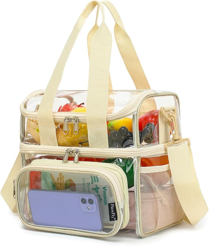 FlowFly Double Layer Cooler Insulated Lunch Bag Adult Lunch Box Large Tote Bag for Men, Women, With Adjustable Strap,Front Pocket and Dual Large Mesh Side Pockets