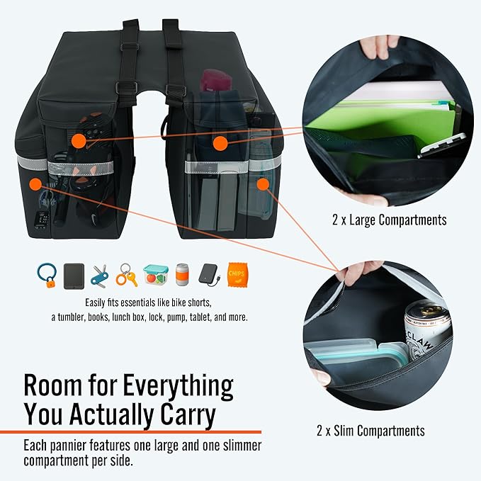 BV Bike Panniers 26L With Adjustable Hooks, Commuter Panniers For Bicycles With Carrying Handle, Bag With 3M Reflective Trim For More Visibility, Fit Most Rack