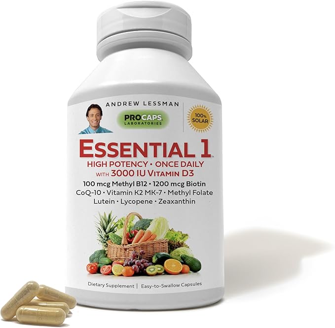 ANDREW LESSMAN Essential-1 Multivitamin 3000 IU Vitamin D3 360 Small Capsules - 100 mcg Methyl B12. CoQ10 Lutein Lycopene Zeaxanthin. High Potency. No Additives. Ultra-Mild. One Daily Capsule