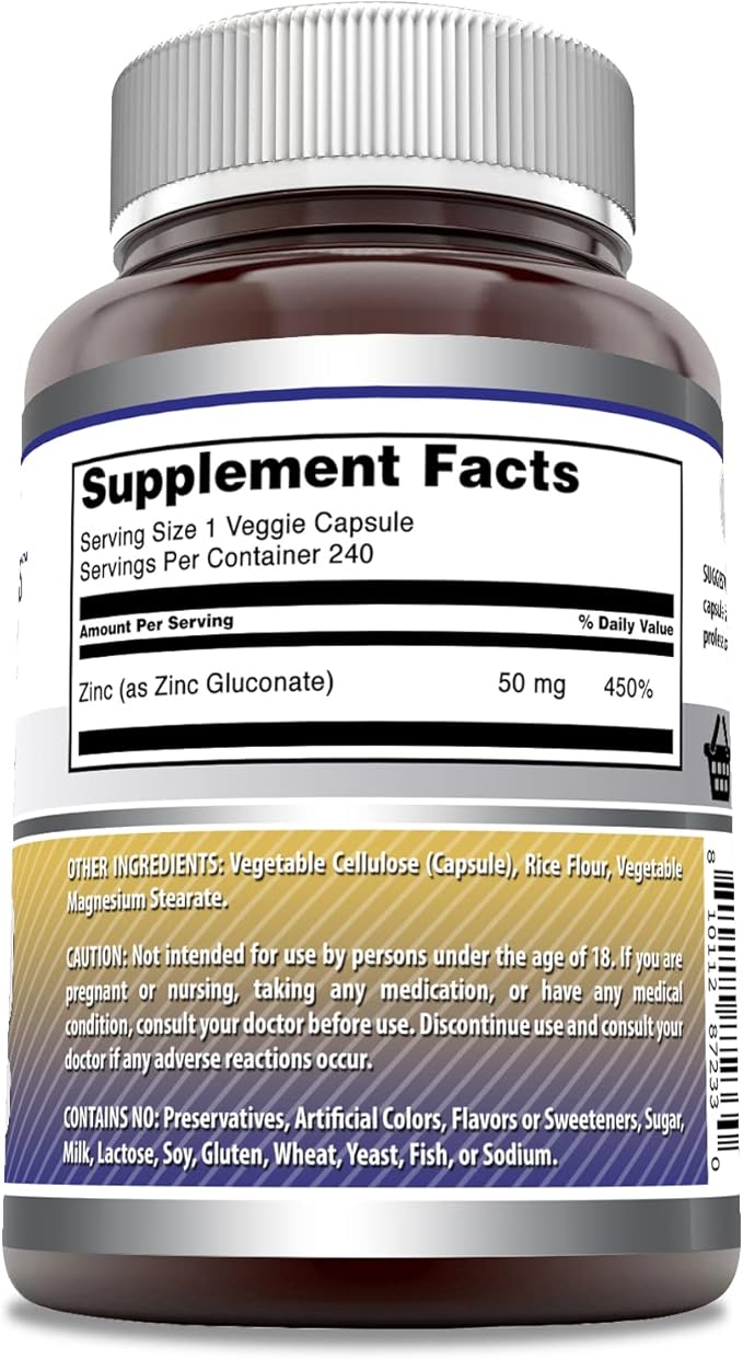 Amazing Formulas Zinc Gluconate Supplement | 50 Mg Per Serving | 240 Veggie Capsules | Non-GMO | Gluten Free | Made in USA