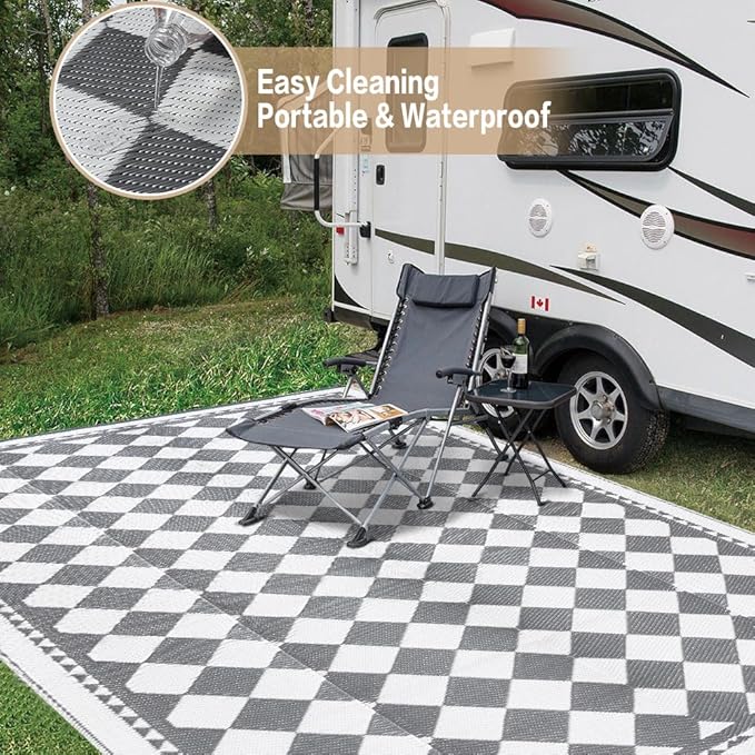 Outdoor Waterproof Rug 8'x10' Plastic Straw Rugs Washable Reversible Floor Mat Grey Plaid Carpet for Camping RV Deck Entryance Porch Picnic Balcony Beach Backyard
