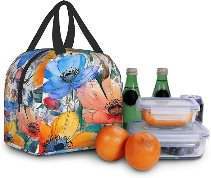 Watercolor Floral Insulated Lunch Box for Women Men， Colorful Leaf Flowers Reusable Lunch Tote Bags Thermal Cooler Lunch Bags for Office School Picnic Hiking