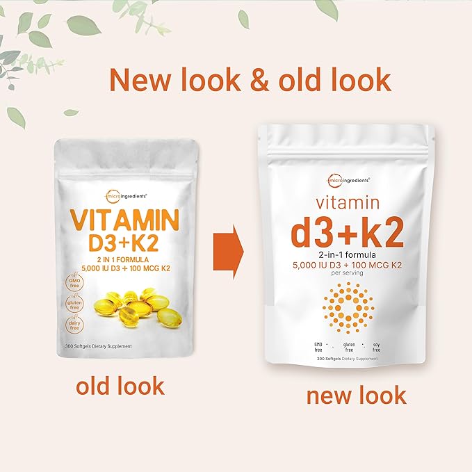 2 Pack Vitamin D3 5000IU Plus K2, 2 in 1 Formula, Vitamin D3 Liquid with Vitamin K2, 300 Soft-Gels, Immune Vitamin Complex with Virgin Sunflower Seed Oil, Support Your Heart, Teeth & Joint Health