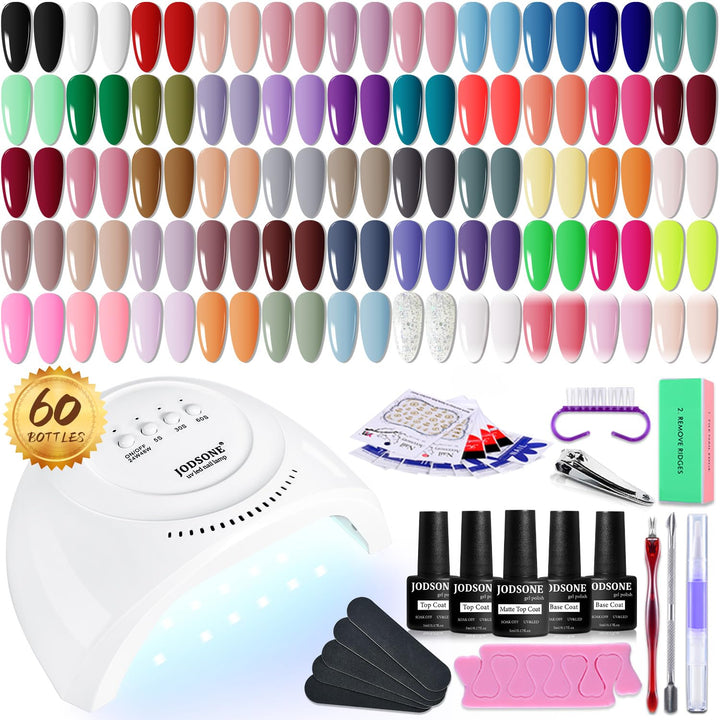 60 PCS Gel Nail Polish Kit | UV Light | 55 Beautiful Colors for Home & Salon