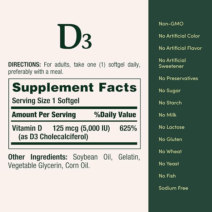 Nature's Bounty Vitamin D3 5000 IU Softgels, Rapid Release, Immune Support, Vitamin D Supplements, 240 Ct