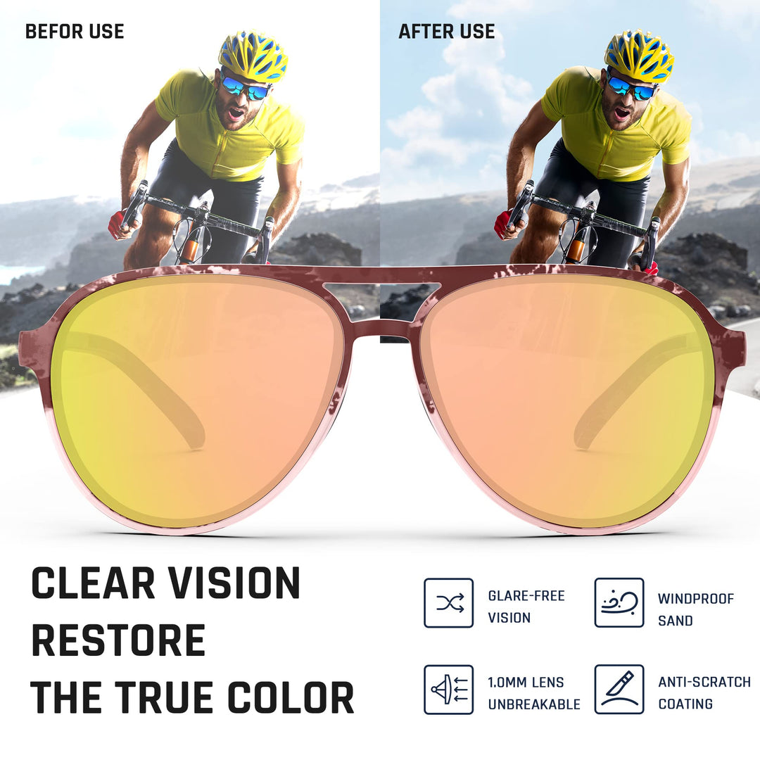 TOREGE Aviator Sunglasses Polarized Sunglasses for Men Women, Sports Sun Glasses UV400 Protection Fishing Boating Beach Golf Driving TR75(Matte Crystal Peach Black Tortois&Champagne Lens C14)