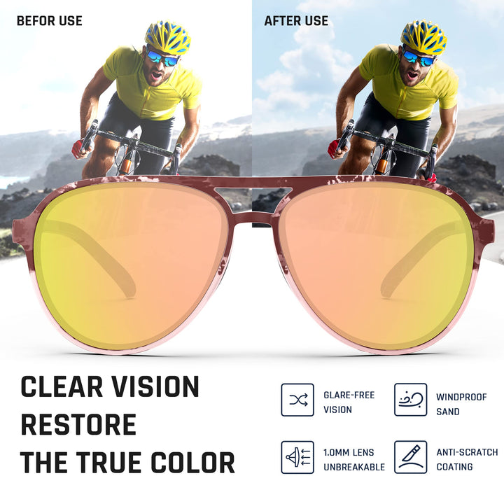 TOREGE Aviator Sunglasses Polarized Sunglasses for Men Women, Sports Sun Glasses UV400 Protection Fishing Boating Beach Golf Driving TR75(Matte Crystal Peach Black Tortois&Champagne Lens C14)