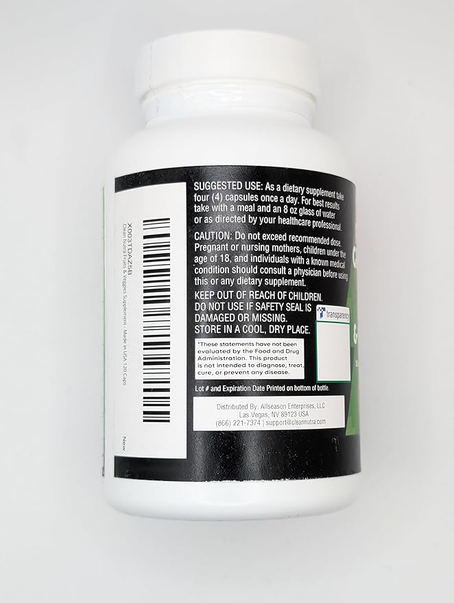 Clean Nutraceuticals Fruits and Veggies Supplement Reds & Green Superfood - Balance of Over 70 Fruit & Vegetable Supplements Capsules with Probiotics Prebiotics Digestive Enzymes - 120 Ct USA