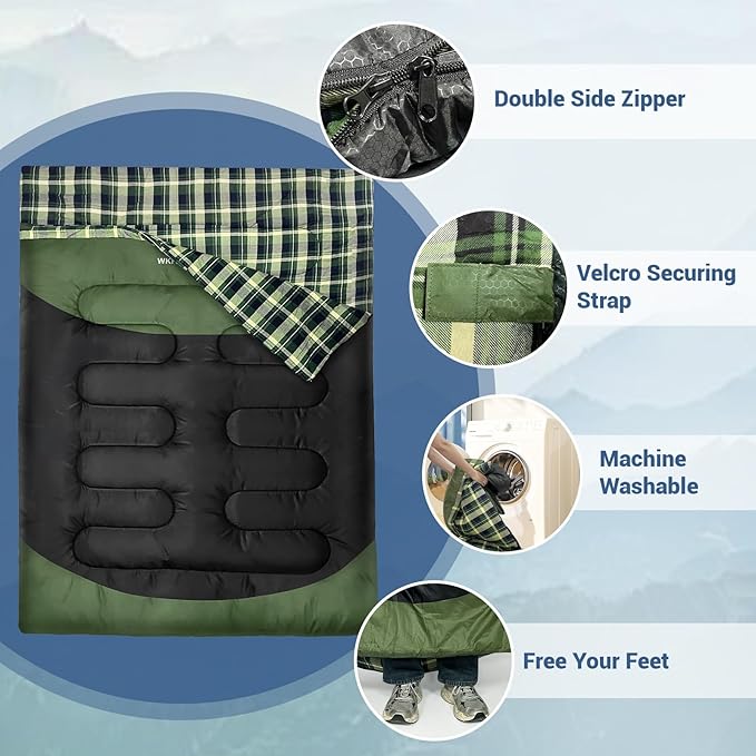 Cotton Flannel Double Sleeping Bag for Adults Machine Washable 2 Person Camping Sleeping Bag Queen Size Waterproof with Compression Sack for Cold Weather 3-4 Seasons