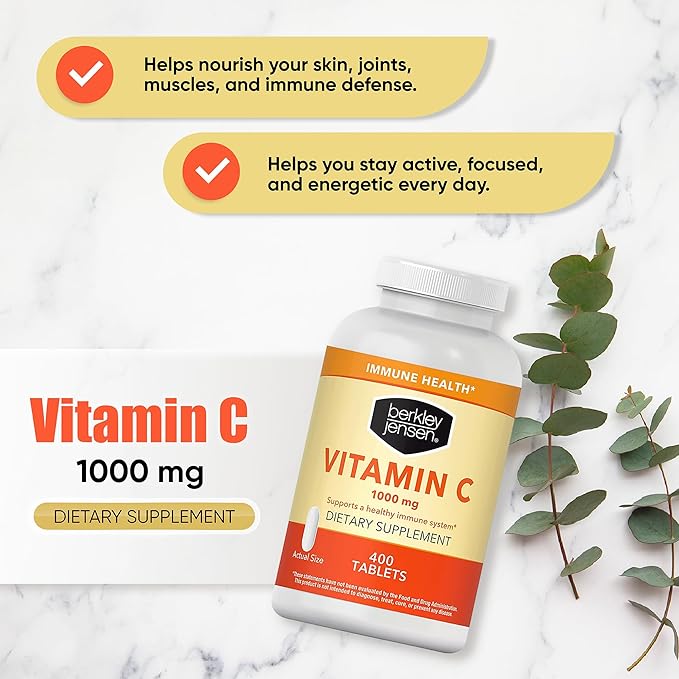 berkley jensen 1000 mg Vitamin C Supplement (400 Tablets), Extra Strength Daily Immune Defense Support for Men and Women, Sugar and Gluten Free Ascorbic Acid, Pure
